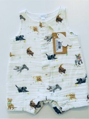 Angel Dear White Muslin Baby Romper with Puppy Print